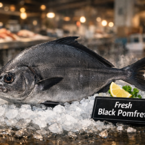 Fresh black pomfret whole fish dark silver body seafood display