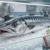Fresh Barracuda Fish whole fish on ice with sharp teeth and silver body in UAE seafood market
