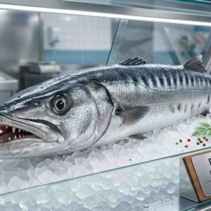 Fresh Barracuda Fish whole fish on ice with sharp teeth and silver body in UAE seafood market