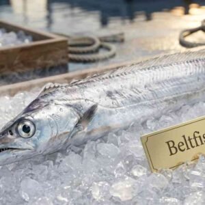 Fresh Beltfish (سمك الحزام) long silver ribbon fish displayed on ice in UAE seafood market
