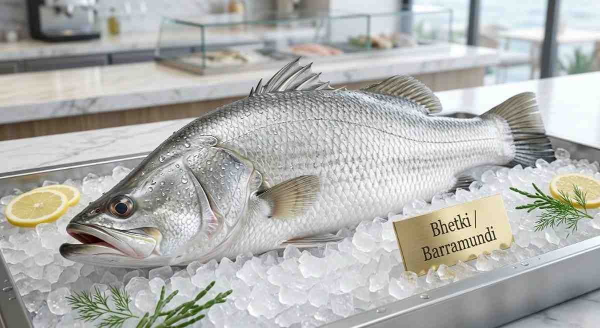 Fresh-BhetkiBarramundi-Fish-(بهراموندي--بهتكي-سمك)- Fresh Bhetki / Barramundi Fish (بهراموندي / بهتكي سمك) whole fish on ice in UAE seafood market