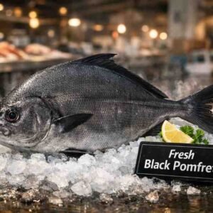 Fresh Black Pomfret (Halwa Black – حلوا أسود) whole fish on ice in UAE seafood market