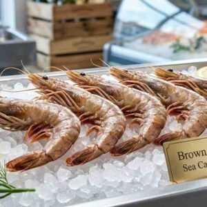 Fresh brown shrimps sea catch whole prawns seafood display
