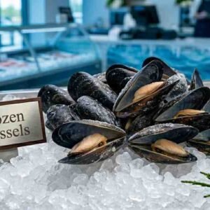 Frozen mussels arranged on ice for storage and cooking