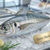Fresh horse mackerel whole silver fish on ice seafood display