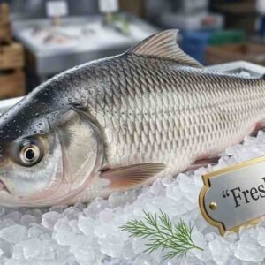 Fresh rohu fish whole body silver freshwater carp display