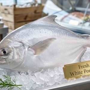Fresh white pomfret whole fish silver body premium seafood display