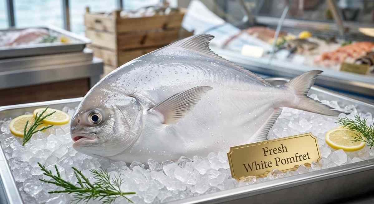 Fresh-White-Pomfret-(زبيدي-أبيض) Fresh white pomfret whole fish silver body premium seafood display