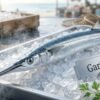 Fresh garfish with long slender body and needle-like beak السمك الإبرة