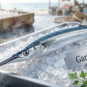 Fresh garfish with long slender body and needle-like beak السمك الإبرة