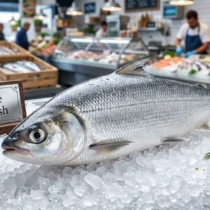 Fresh marine milkfish whole with shiny silver scales on display