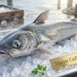 Raw marine catfish on ice showing long barbels and firm texture