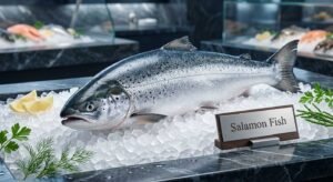 Fresh salmon fish fillet and whole fish ready for cooking
