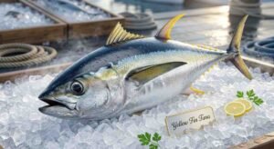 Fresh yellowfin tuna whole fish with metallic blue and yellow fins