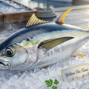 Fresh yellowfin tuna whole fish with metallic blue and yellow fins