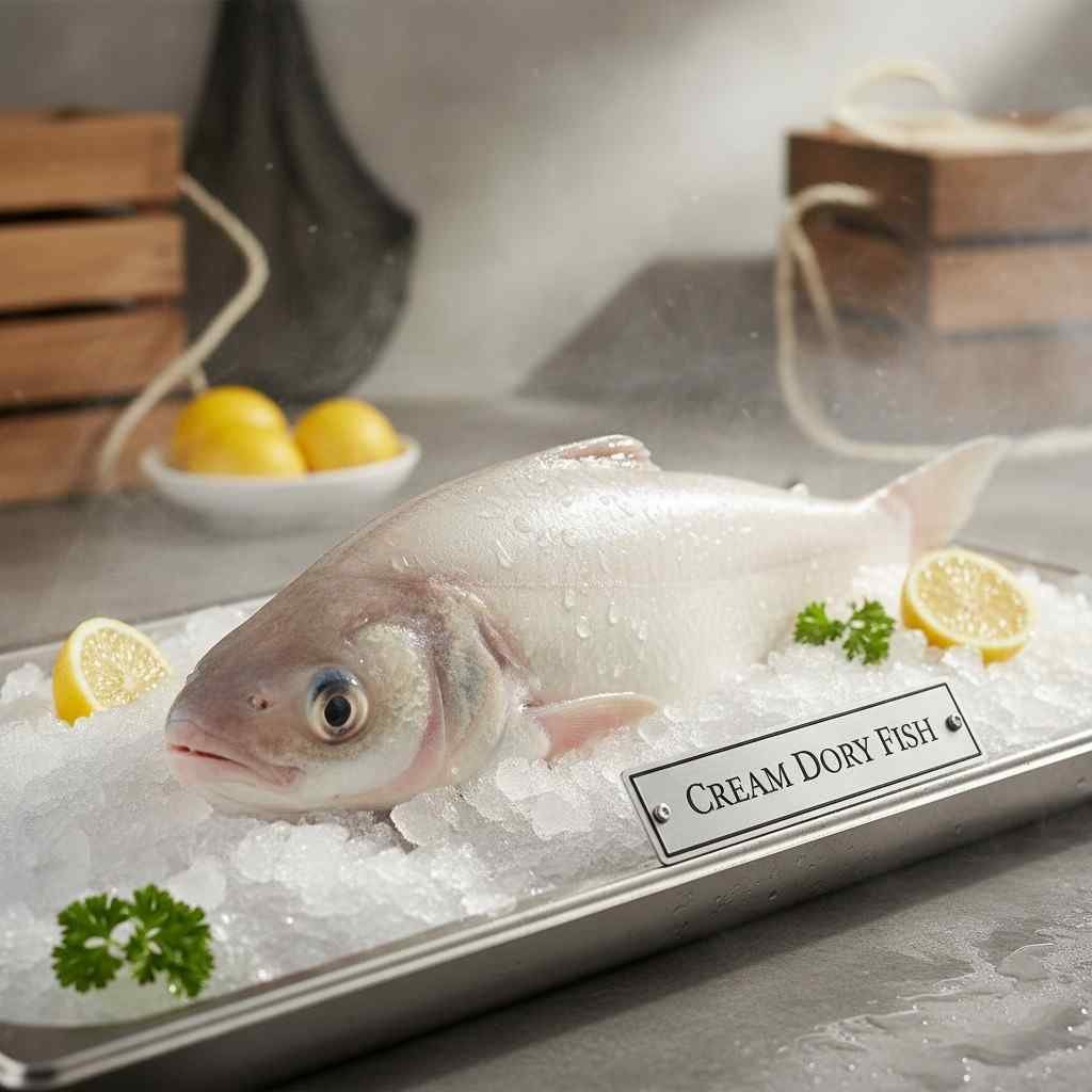 cream-2 Fresh Cream Dory Fish (سمك دوري) whole chilled fish displayed on ice in UAE seafood market
