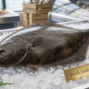 Fresh Halibut whole fish displayed on ice in premium seafood market