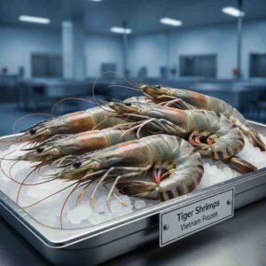 Fresh Tiger Shrimps Medium (جمبري تايجر متوسط) raw shrimp on ice with natural stripes in UAE seafood market