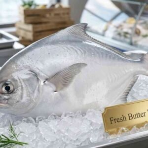 Fresh Butter Fish (Zubaidi – زبيدي) whole pomfret fish displayed on ice in UAE seafood market