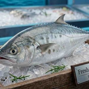 Fresh queen fish whole body silver elongated seafood display
