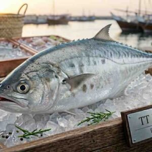 Fresh TT Jish Fish (تي تي جيش) whole fresh fish on ice with shiny skin in UAE seafood market