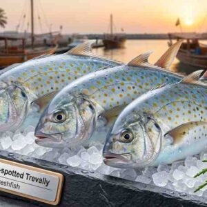 Fresh yellow spotted trevally whole fish with silver body and yellow spots
