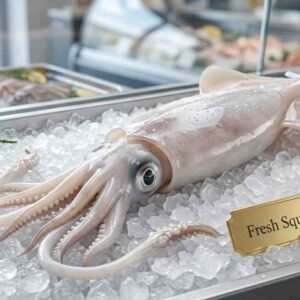 Fresh Squid (كاليماري / حبار طازج) whole cleaned squid displayed on ice in UAE seafood market