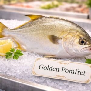 Fresh golden pomfret fish with shiny yellow-silver body on display