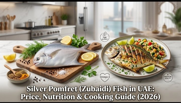 Fresh Silver Pomfret fish display in UAE seafood market, showing premium Zubaidi quality