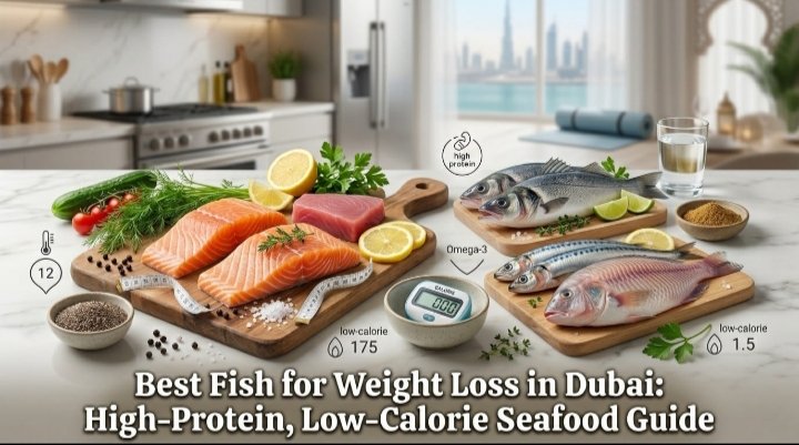  Best fish for weight loss in Dubai, featuring fresh tilapia, tuna, and salmon on display