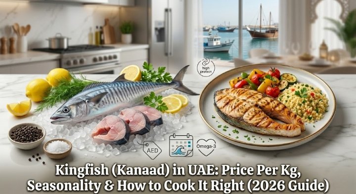 Fresh whole Kingfish (Kanaad) on ice with lemon and parsley next to a gourmet grilled fish steak with vegetables, overlooking a traditional UAE dhow harbor.
