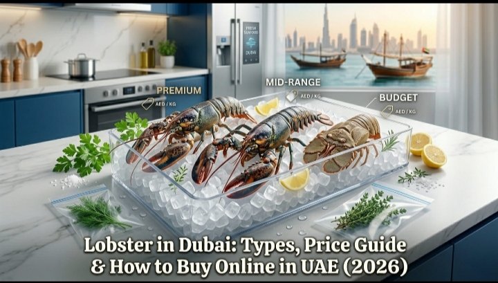 Fresh premium, mid-range, and budget lobsters displayed on a bed of ice in a modern kitchen setting, featuring a digital window view of the Dubai skyline and traditional dhow boats.
